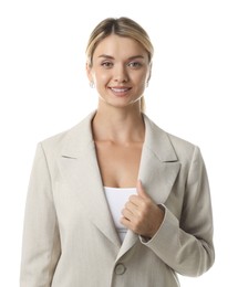 Beautiful woman in stylish suit on white background