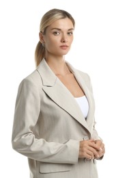 Photo of Beautiful woman in stylish suit on white background