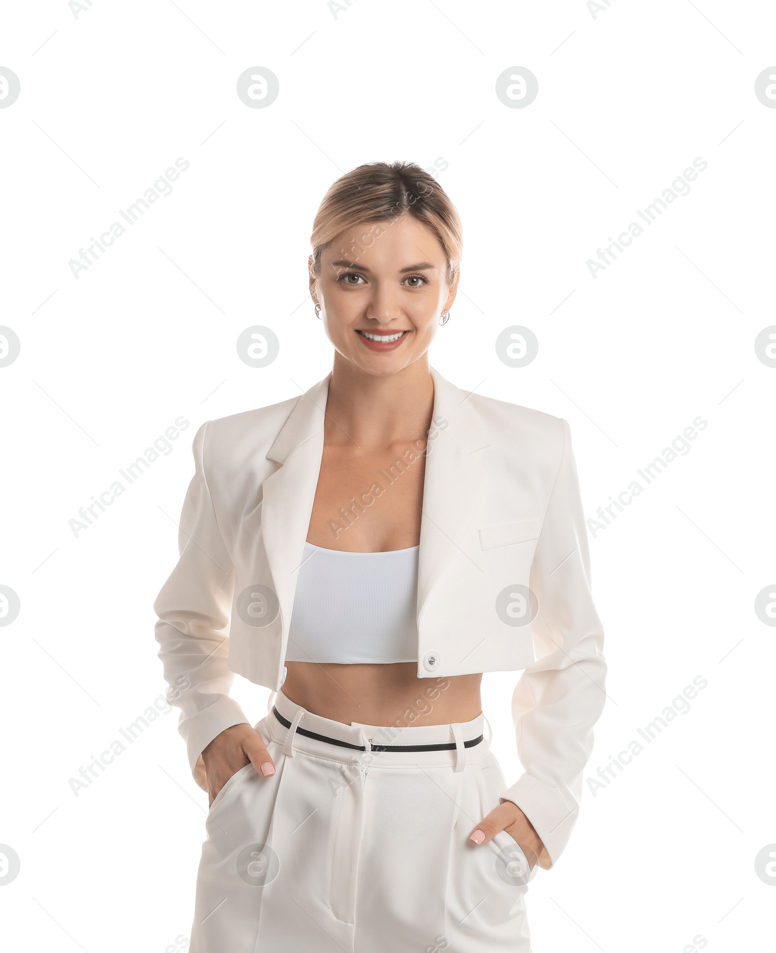 Photo of Beautiful woman in stylish suit on white background