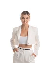 Beautiful woman in stylish suit on white background