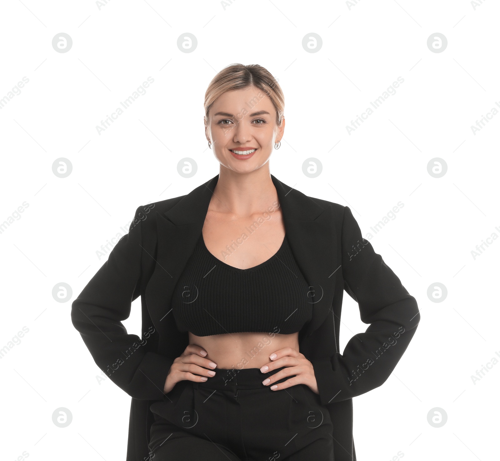 Photo of Beautiful woman in stylish suit on white background