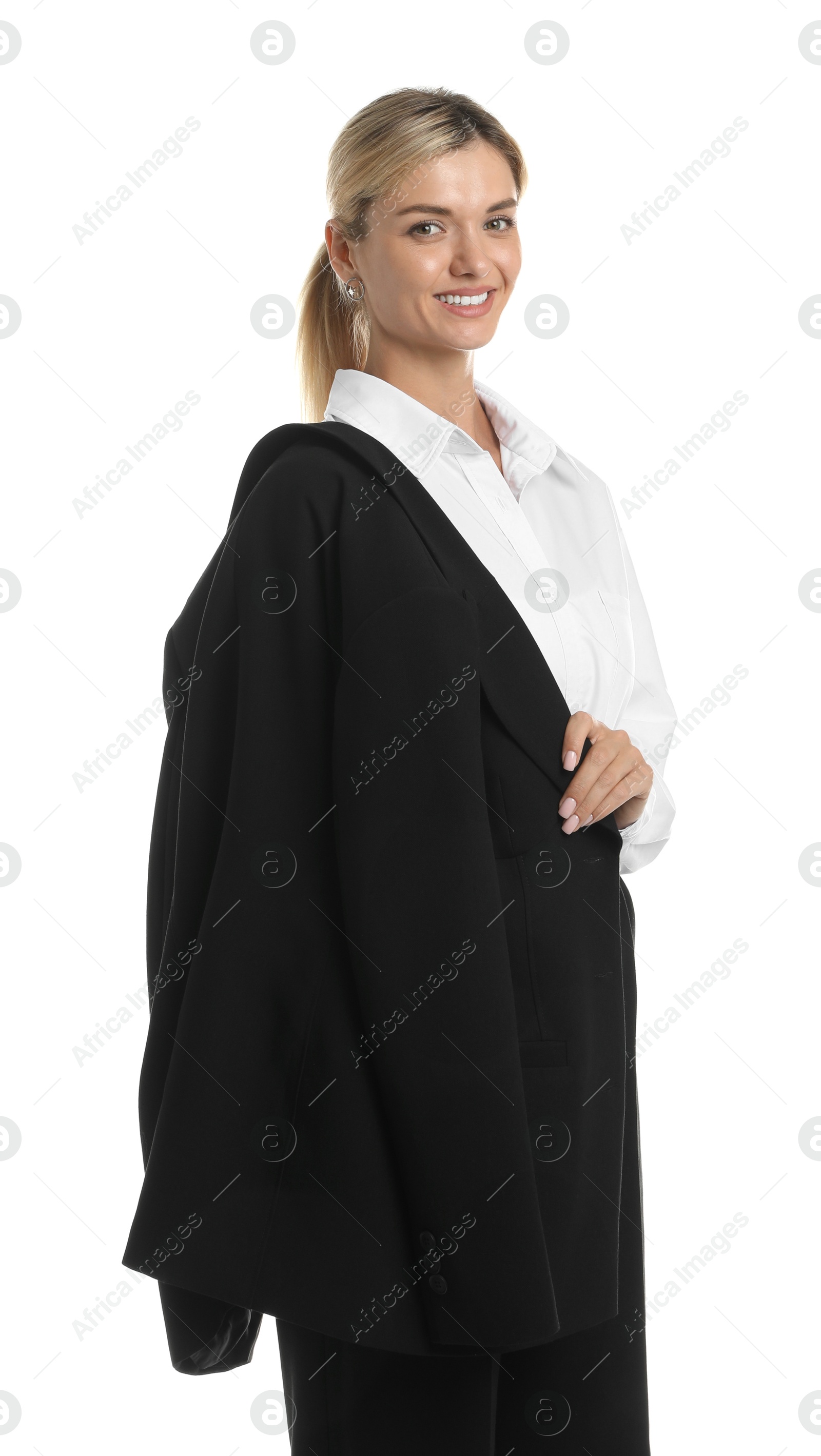 Photo of Beautiful woman in stylish suit on white background