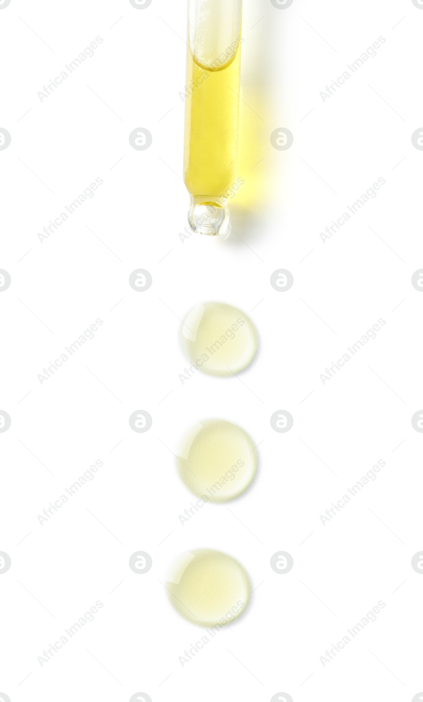 Photo of Cosmetic oil and pipette isolated on white, top view