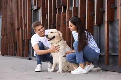 Photo of Happy couple stroking cute Golden Retriever dog outdoors