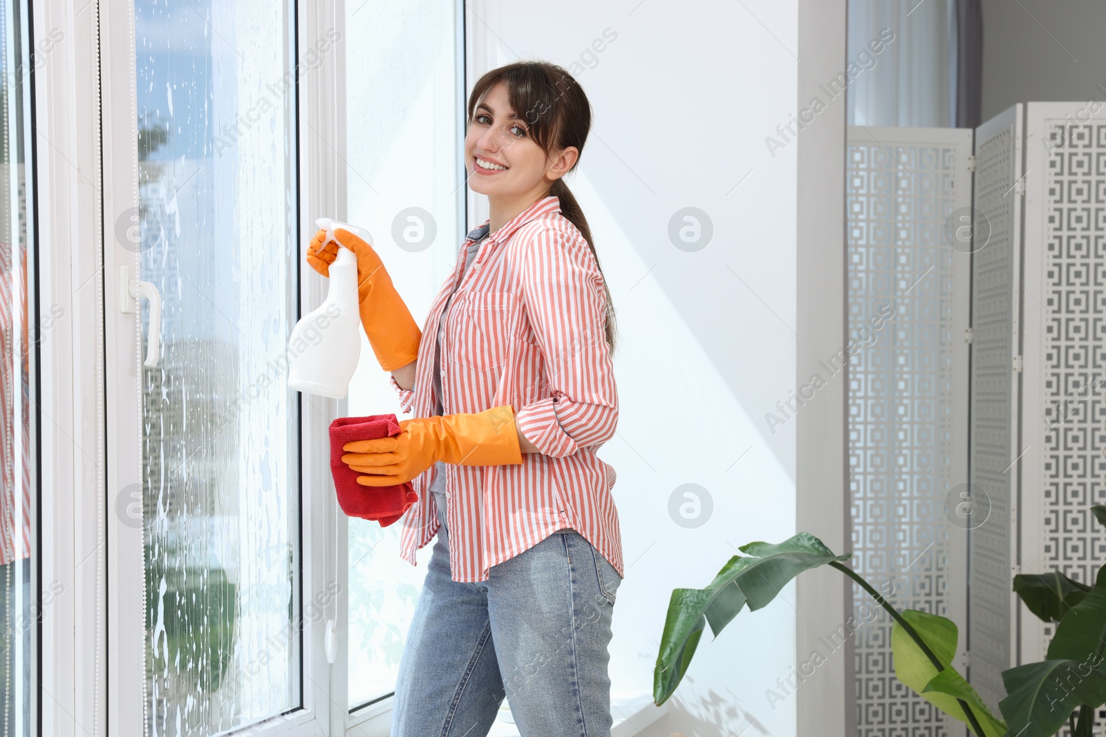 Photo of Beautiful young woman with spray bottle of detergent and napkin cleaning window indoors