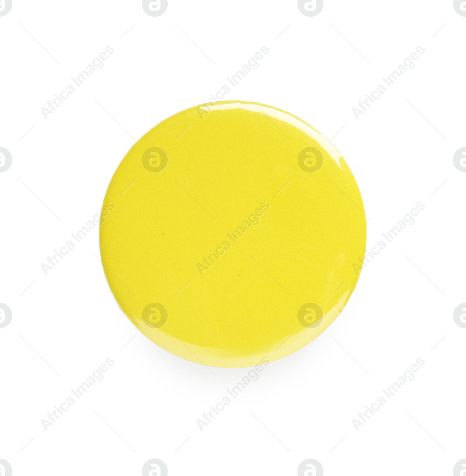 Photo of Blank yellow button badge isolated on white, top view. Mockup for design