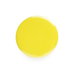 Photo of Blank yellow button badge isolated on white, top view. Mockup for design