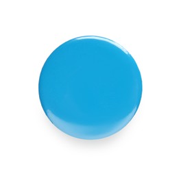 Blank light blue button badge isolated on white, top view. Mockup for design