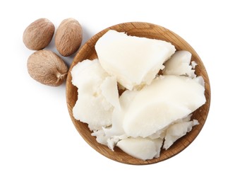 Natural shea butter and nuts isolated on white, top view