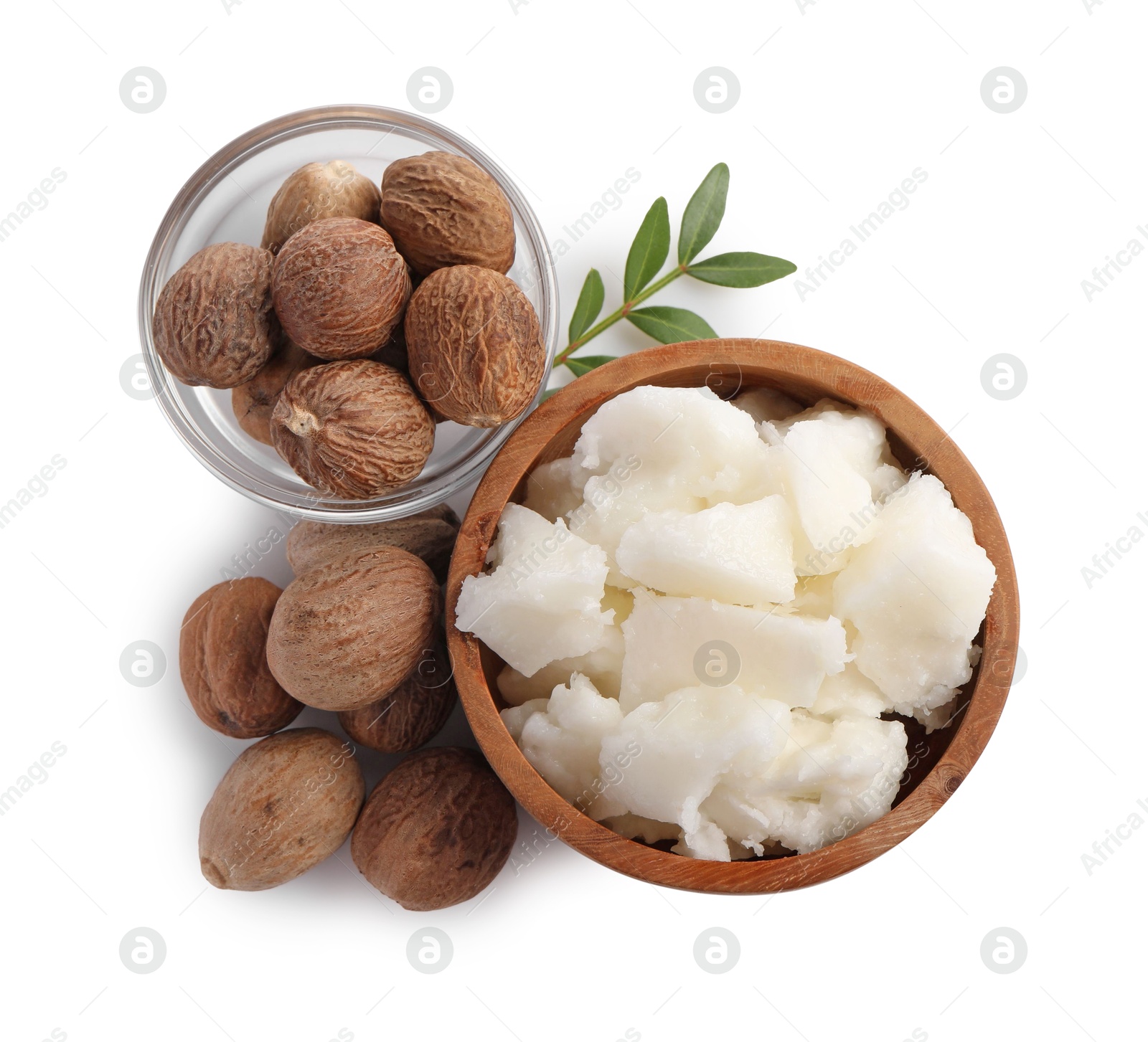 Photo of Natural shea butter and nuts isolated on white, top view