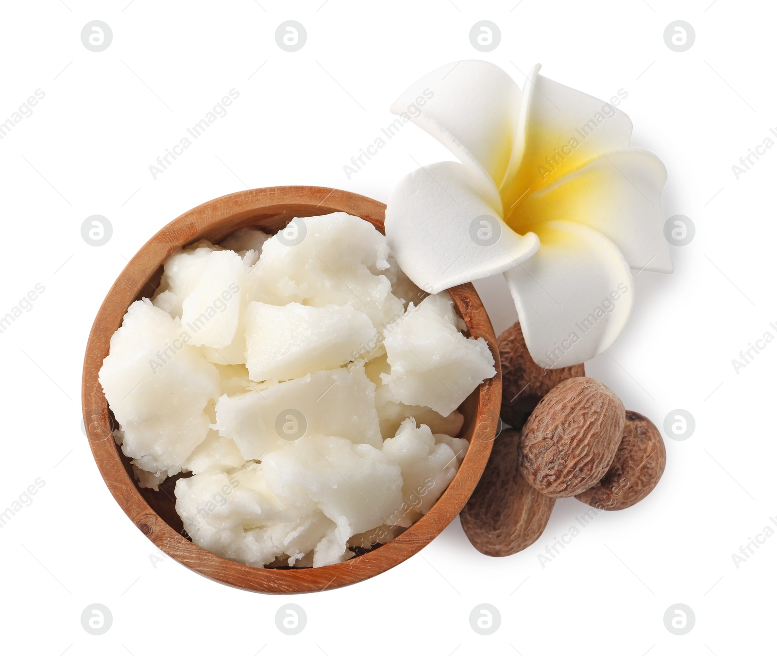 Photo of Natural shea butter, nuts and plumeria flower isolated on white, top view