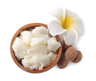 Natural shea butter, nuts and plumeria flower isolated on white, top view