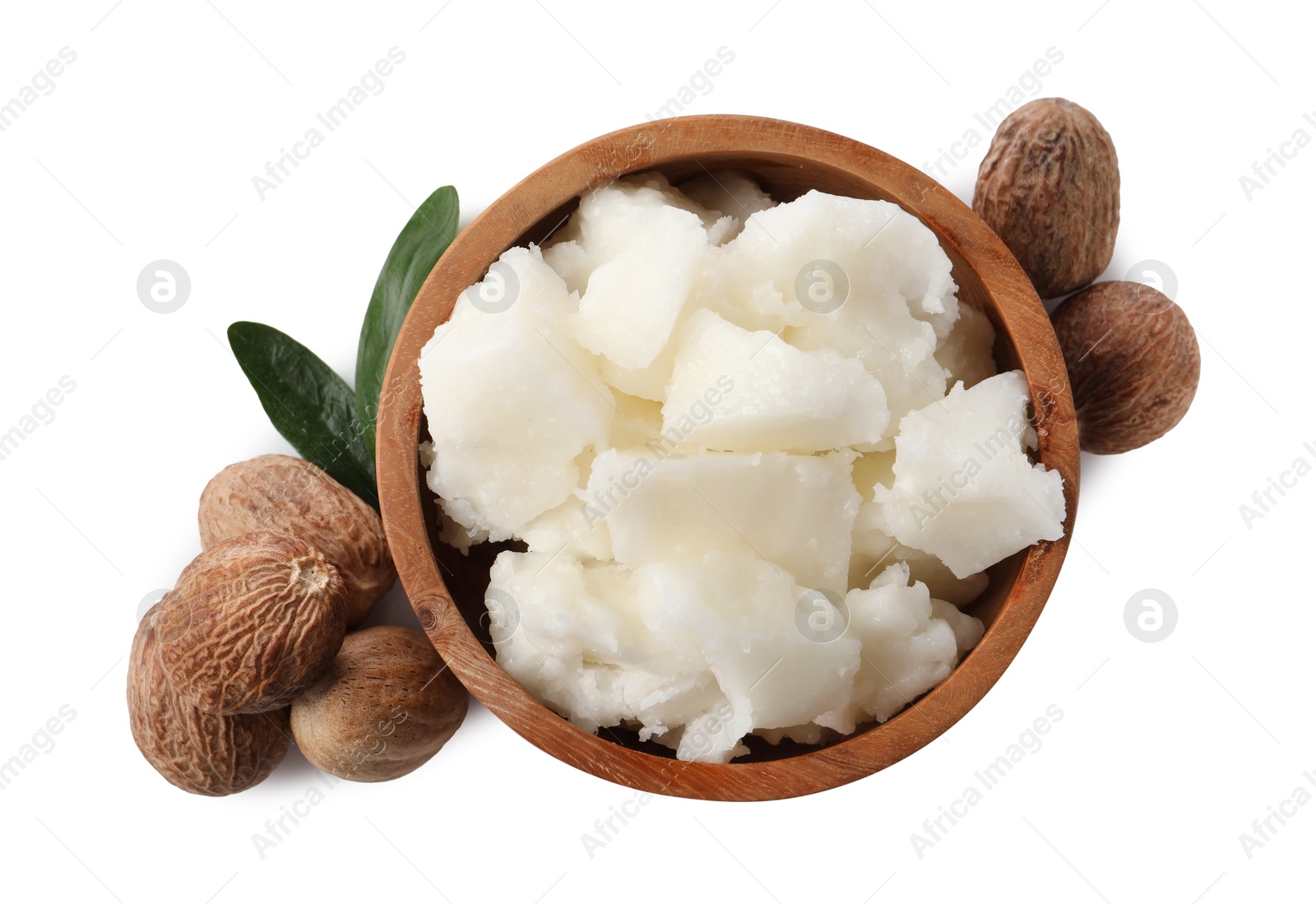 Photo of Natural shea butter and nuts isolated on white, top view