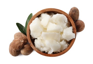 Natural shea butter and nuts isolated on white, top view