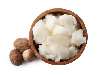 Photo of Natural shea butter and nuts isolated on white, top view