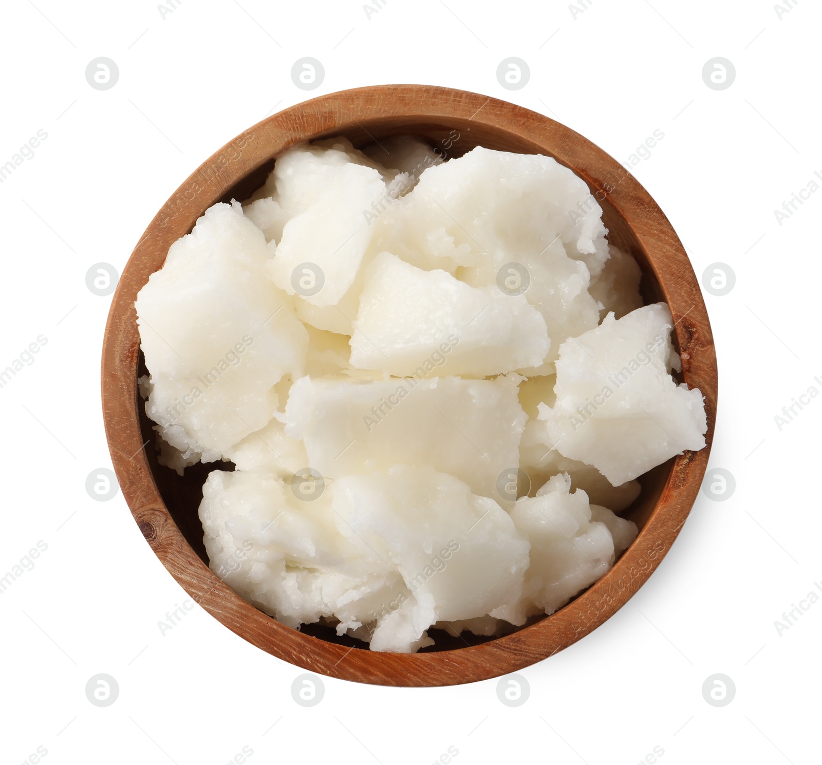 Photo of Natural shea butter in bowl isolated on white, top view