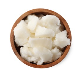 Natural shea butter in bowl isolated on white, top view