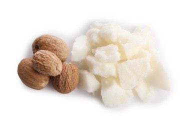 Photo of Natural shea butter and nuts isolated on white, top view