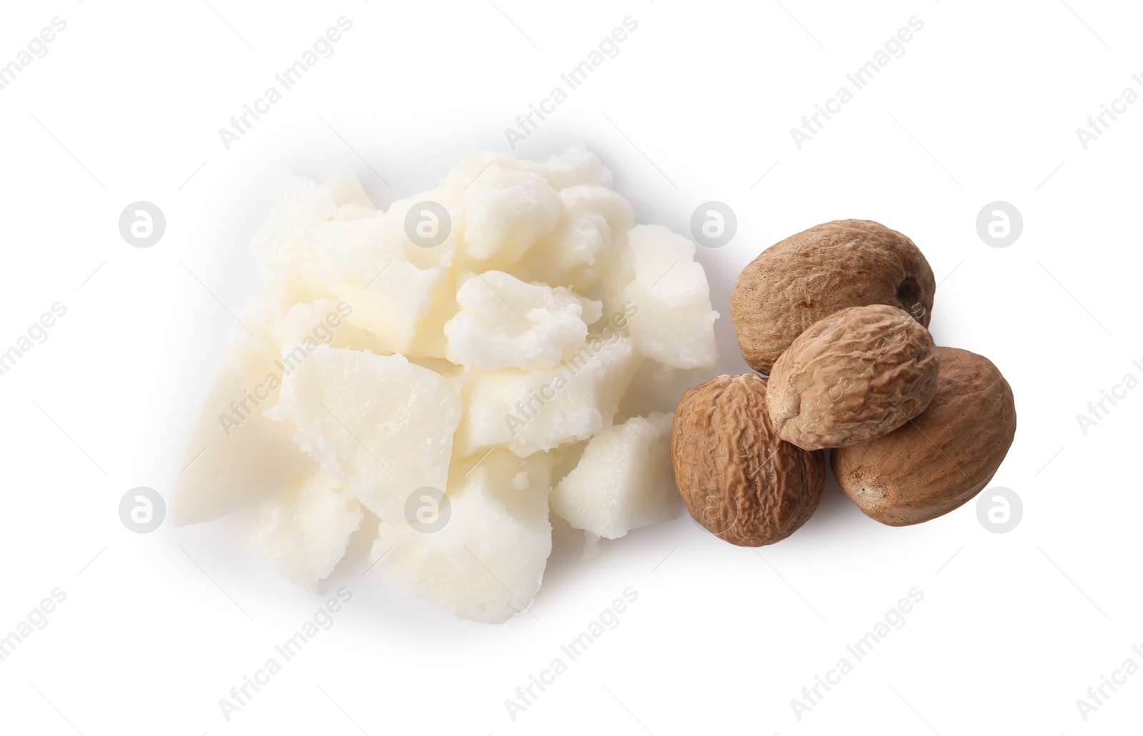 Photo of Natural shea butter and nuts isolated on white, top view