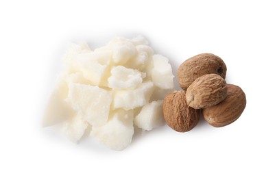 Natural shea butter and nuts isolated on white, top view