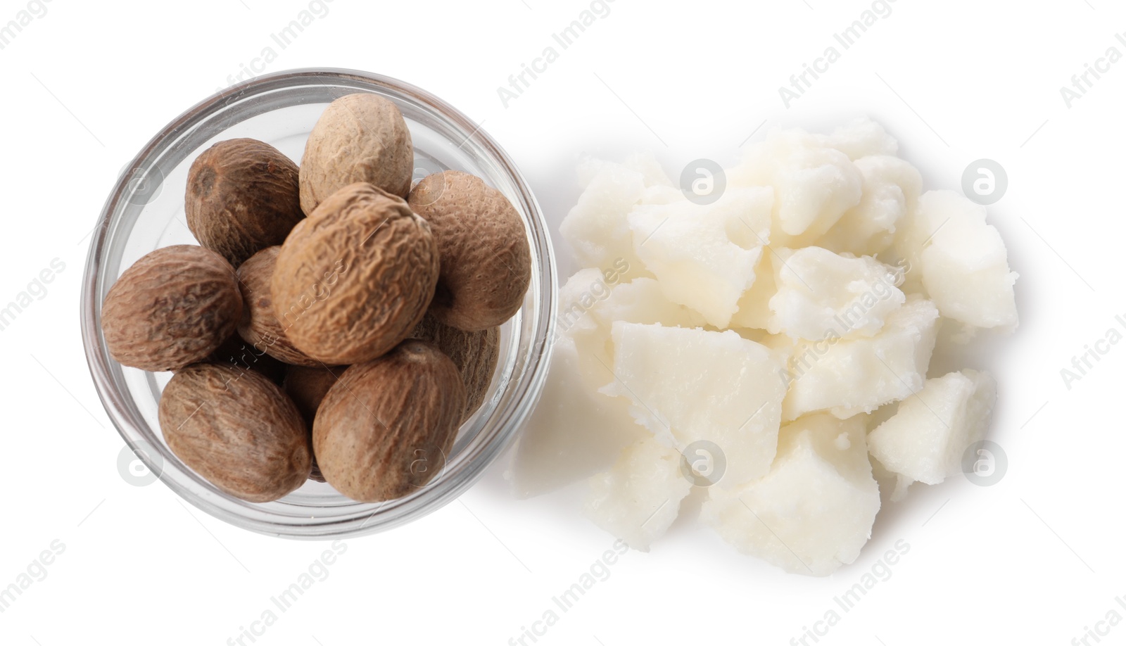 Photo of Natural shea butter and nuts isolated on white, top view