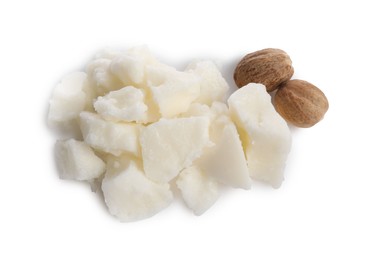 Natural shea butter and nuts isolated on white, top view