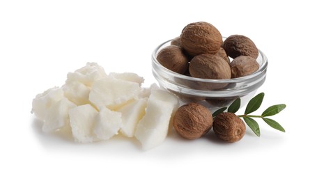 Natural shea butter and nuts isolated on white