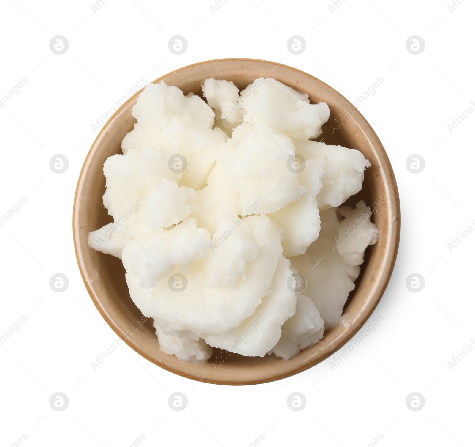 Photo of Shea butter in bowl isolated on white, top view