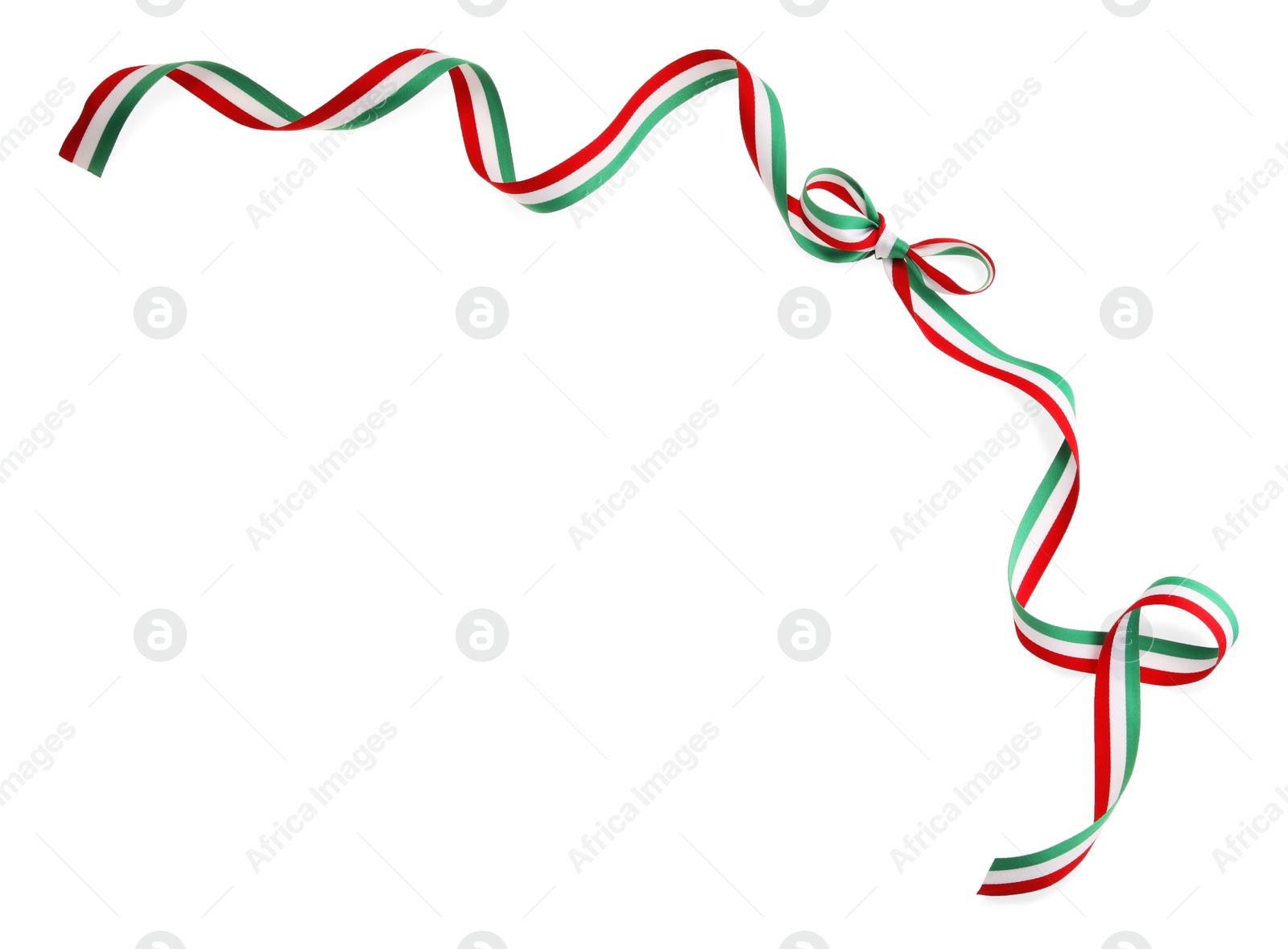 Photo of Ribbon bow with Hungary flag pattern isolated on white, top view