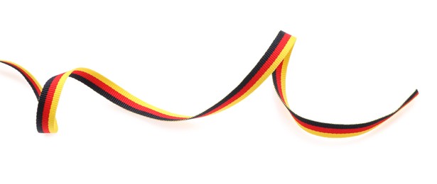 Ribbon in colors of German flag isolated on white, top view