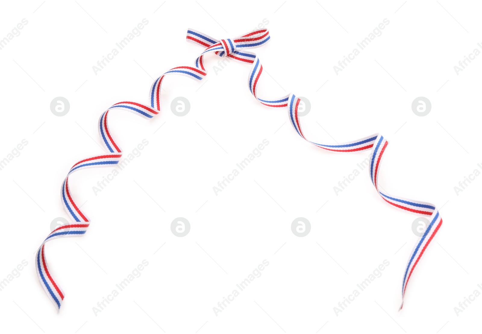 Photo of Ribbon with bow in colors of Netherlands flag isolated on white, top view