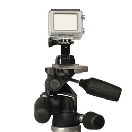 Modern action camera and stand isolated on white