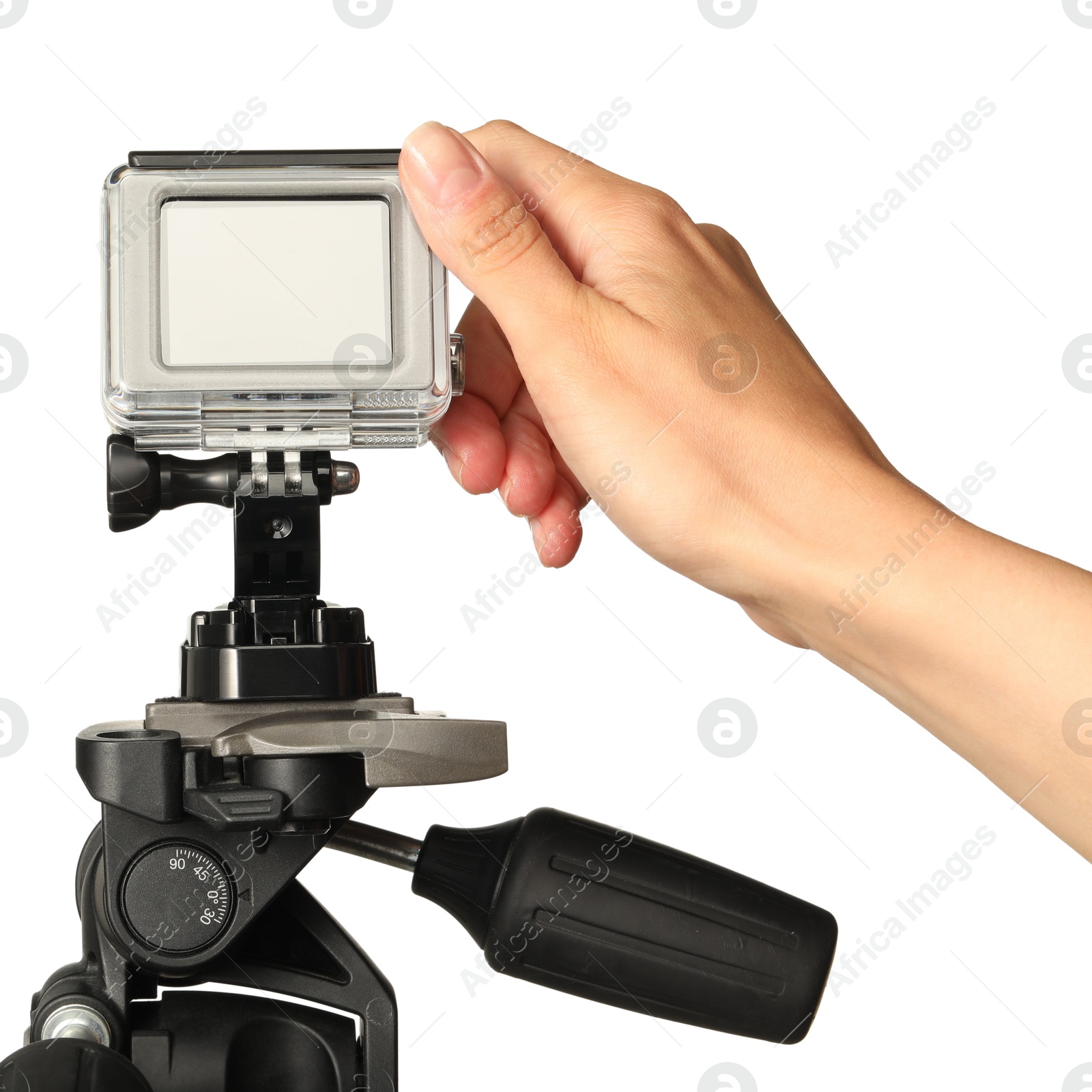 Photo of Woman with modern action camera on white background