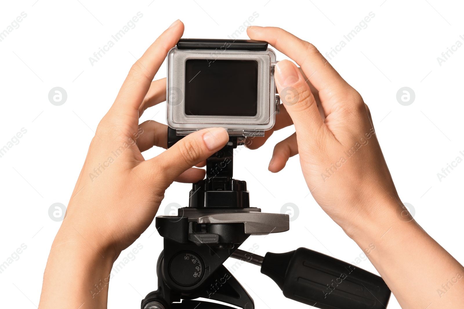 Photo of Woman with modern action camera on white background