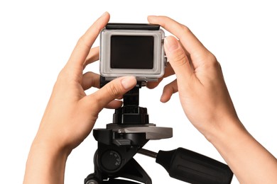 Woman with modern action camera on white background