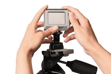 Woman with modern action camera on white background