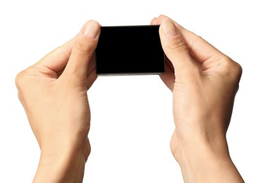 Woman with modern action camera on white background