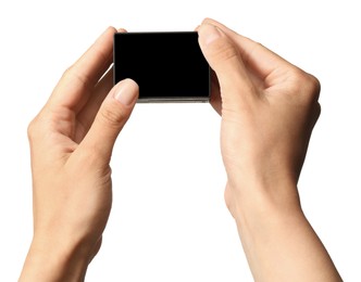 Photo of Woman with modern action camera on white background