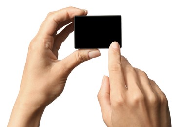 Woman with modern action camera on white background