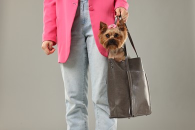 Woman carrying cute Yorkshire Terrier dog in bag on grey background, closeup