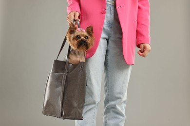 Woman carrying cute Yorkshire Terrier dog in bag on grey background, closeup