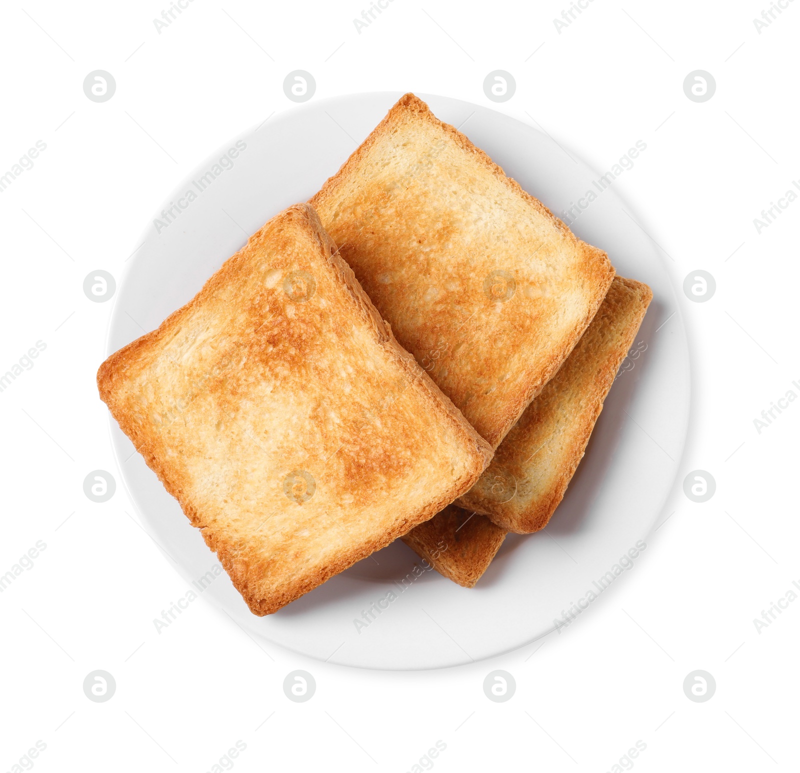 Photo of Delicious slices of toasted bread isolated on white, top view