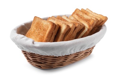 Photo of Delicious slices of toasted bread in basket isolated on white