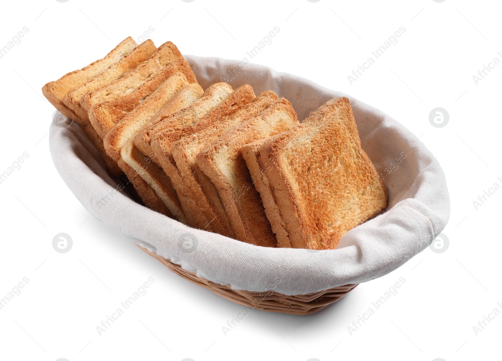 Photo of Delicious slices of toasted bread in basket isolated on white