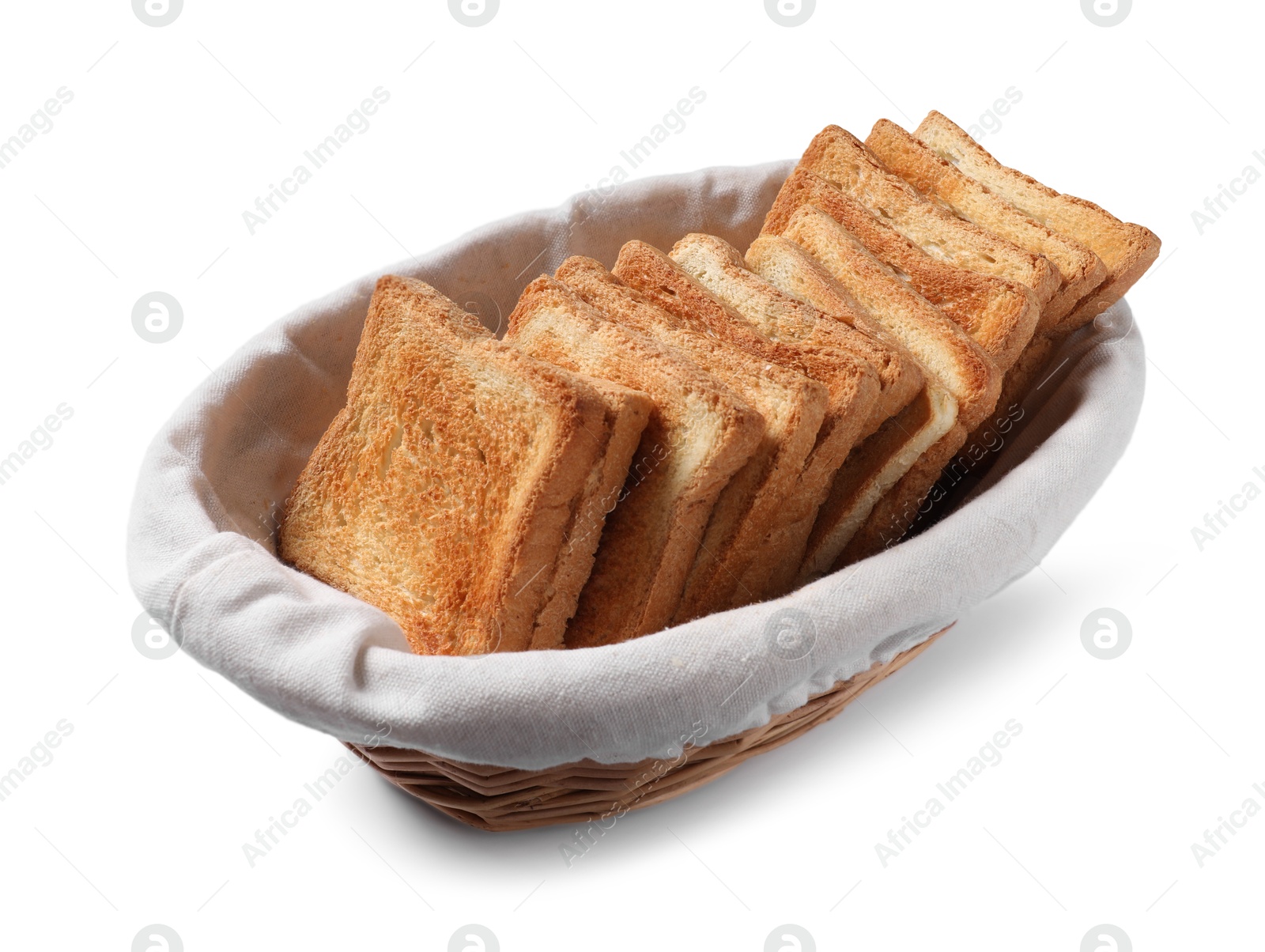 Photo of Delicious slices of toasted bread in basket isolated on white