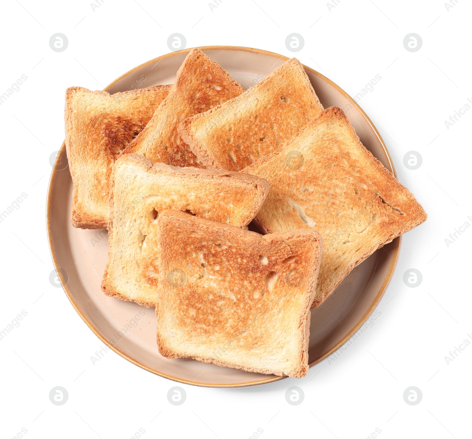 Photo of Delicious slices of toasted bread isolated on white, top view