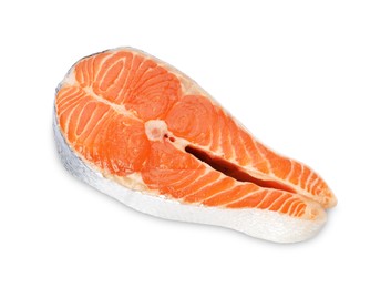 Photo of One fresh salmon steak isolated on white, above view