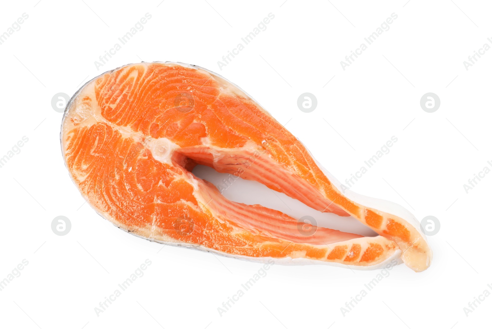 Photo of One fresh salmon steak isolated on white, top view