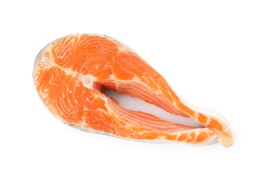 Photo of One fresh salmon steak isolated on white, top view