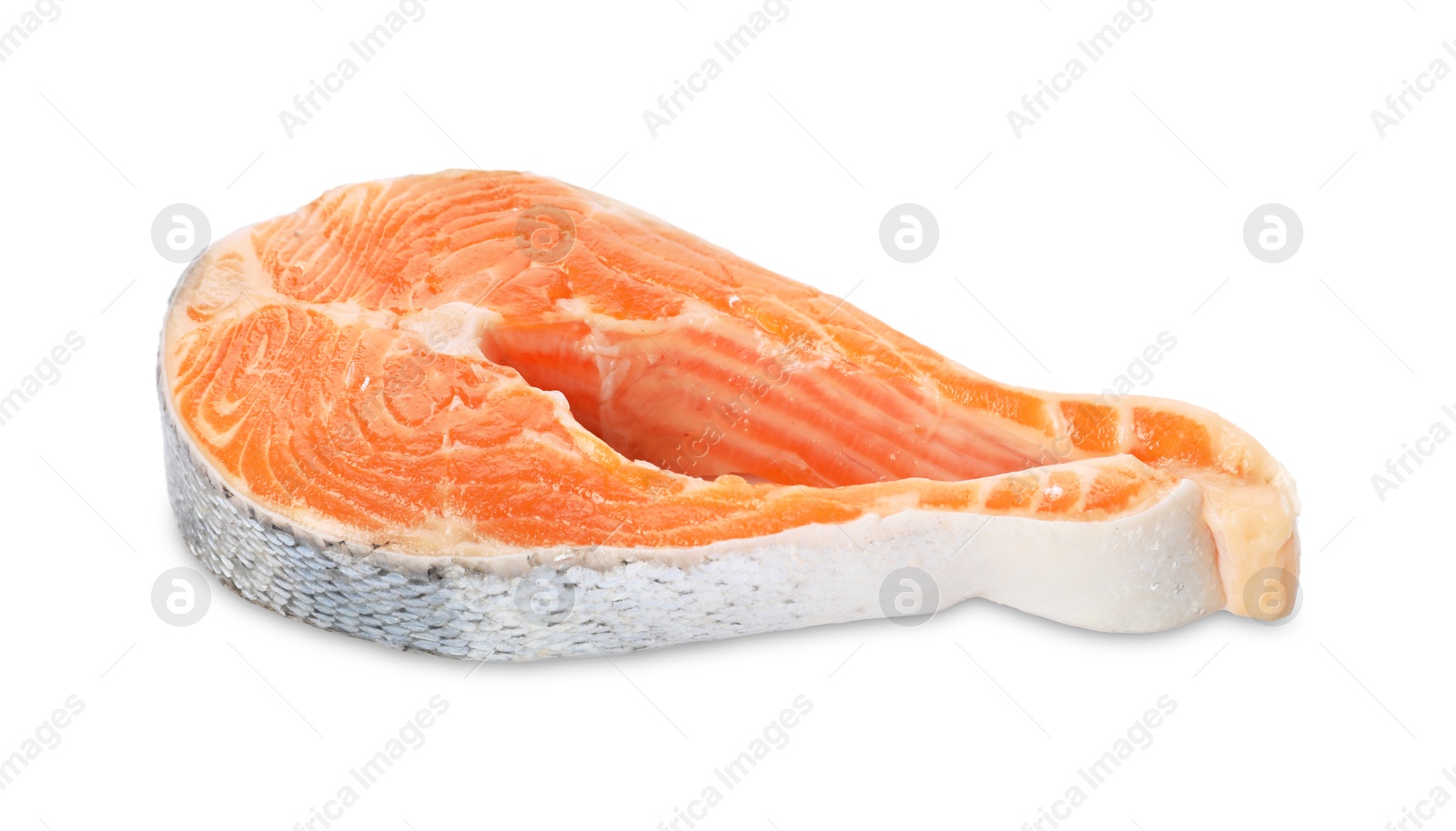 Photo of One fresh salmon steak isolated on white